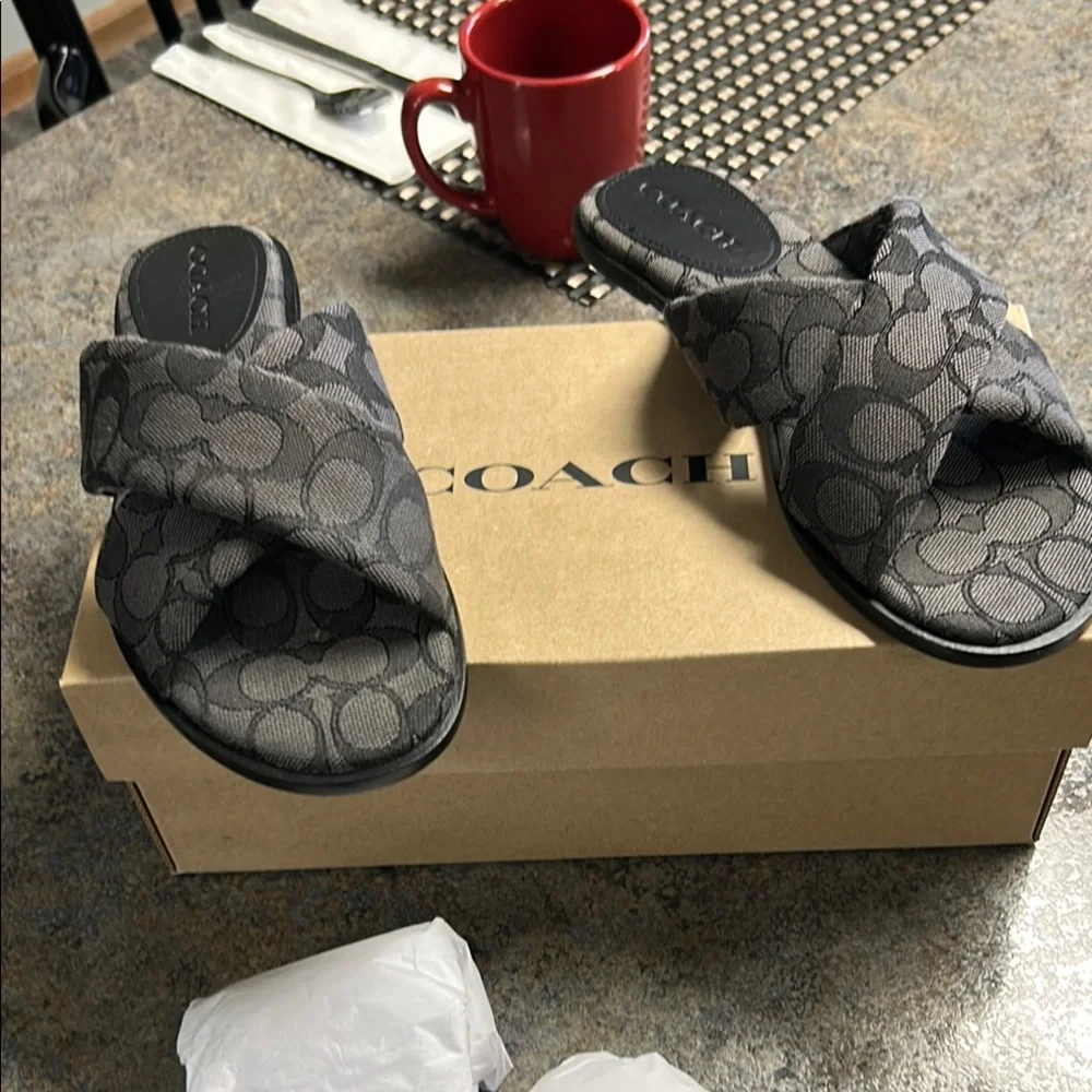 Coach Black/Gray Monogram Slide Sandals